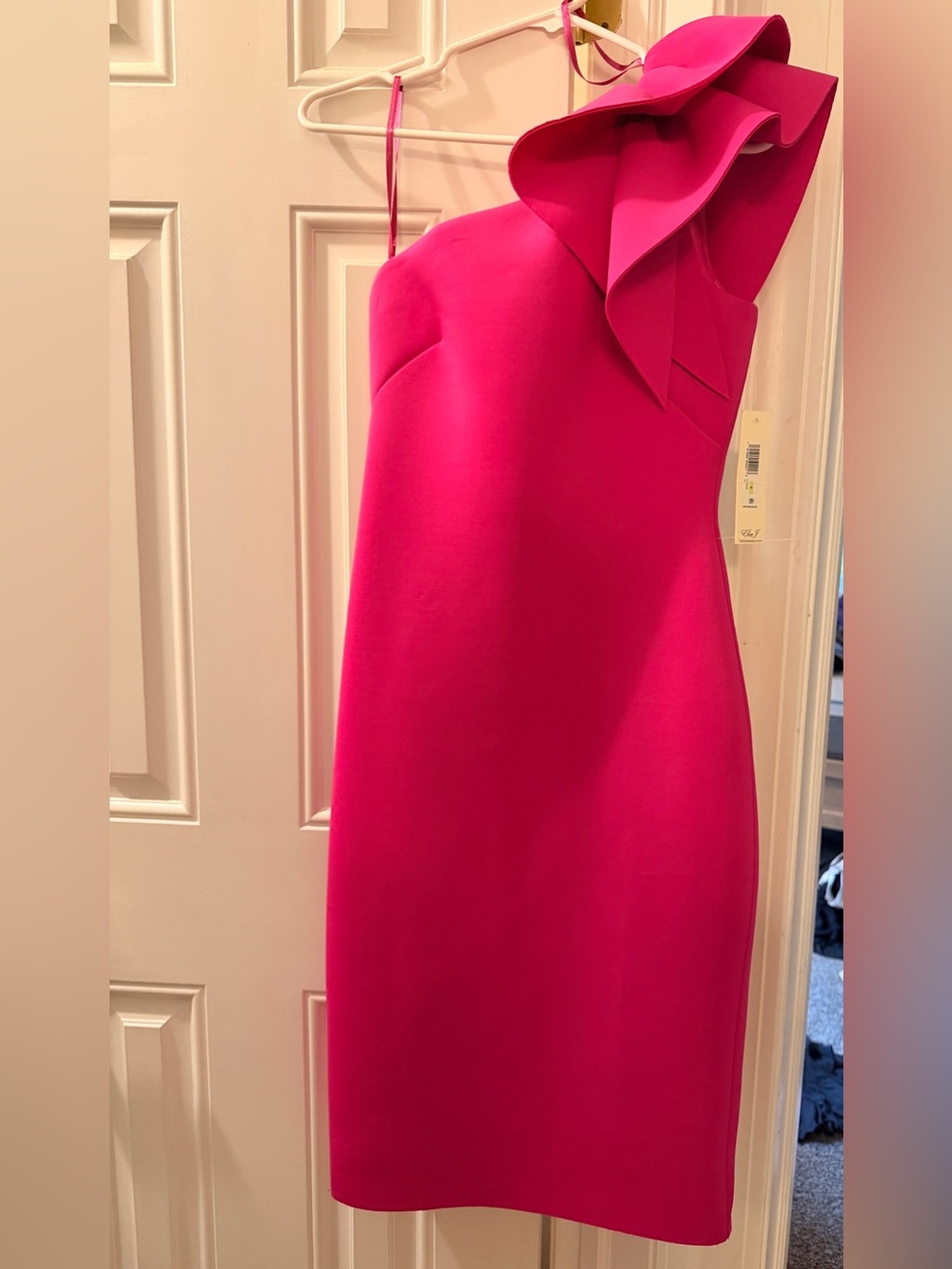 Eliza J One-Shoulder Ruffle Sheath Dress in Hot Pink